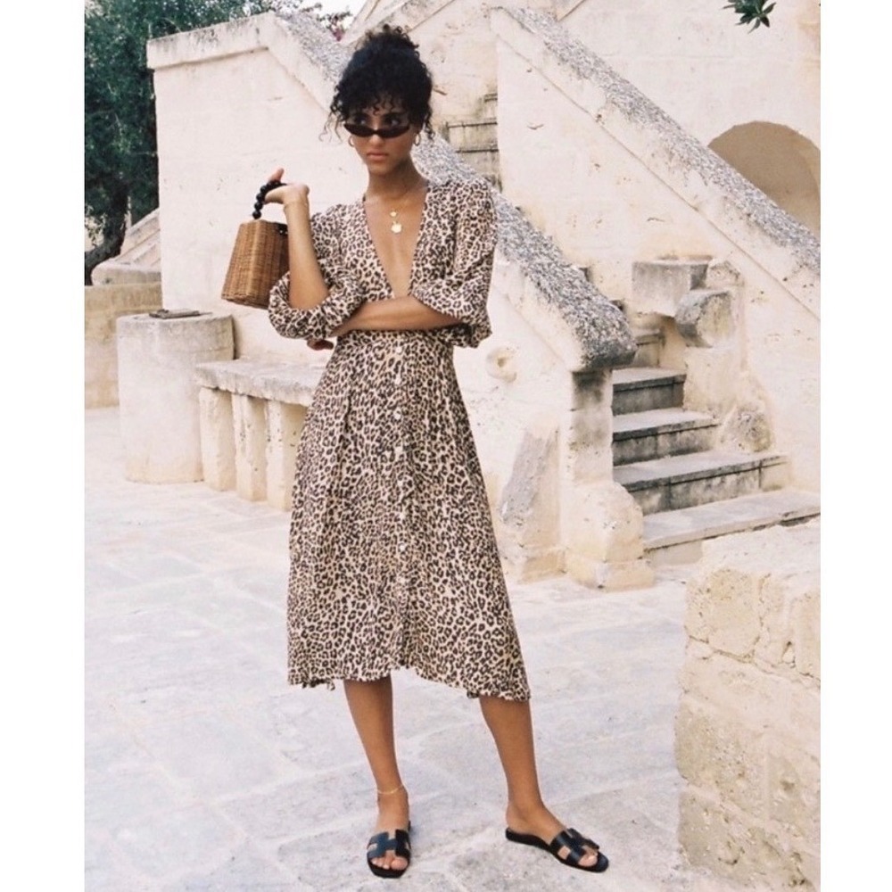 Faithfull The Brand Chloe Midi Dress Leopard Print Size XS US 2